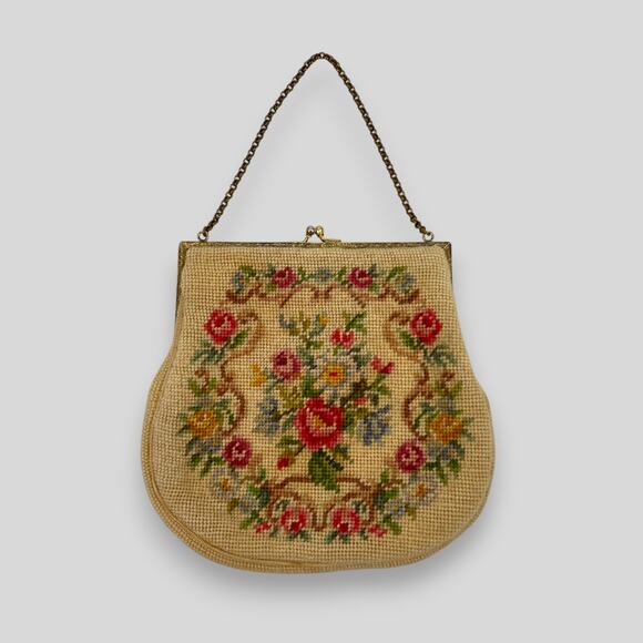 Vintage 1950s Floral Needlepoint Handbag with Chain Handle - Picture 2 of 5